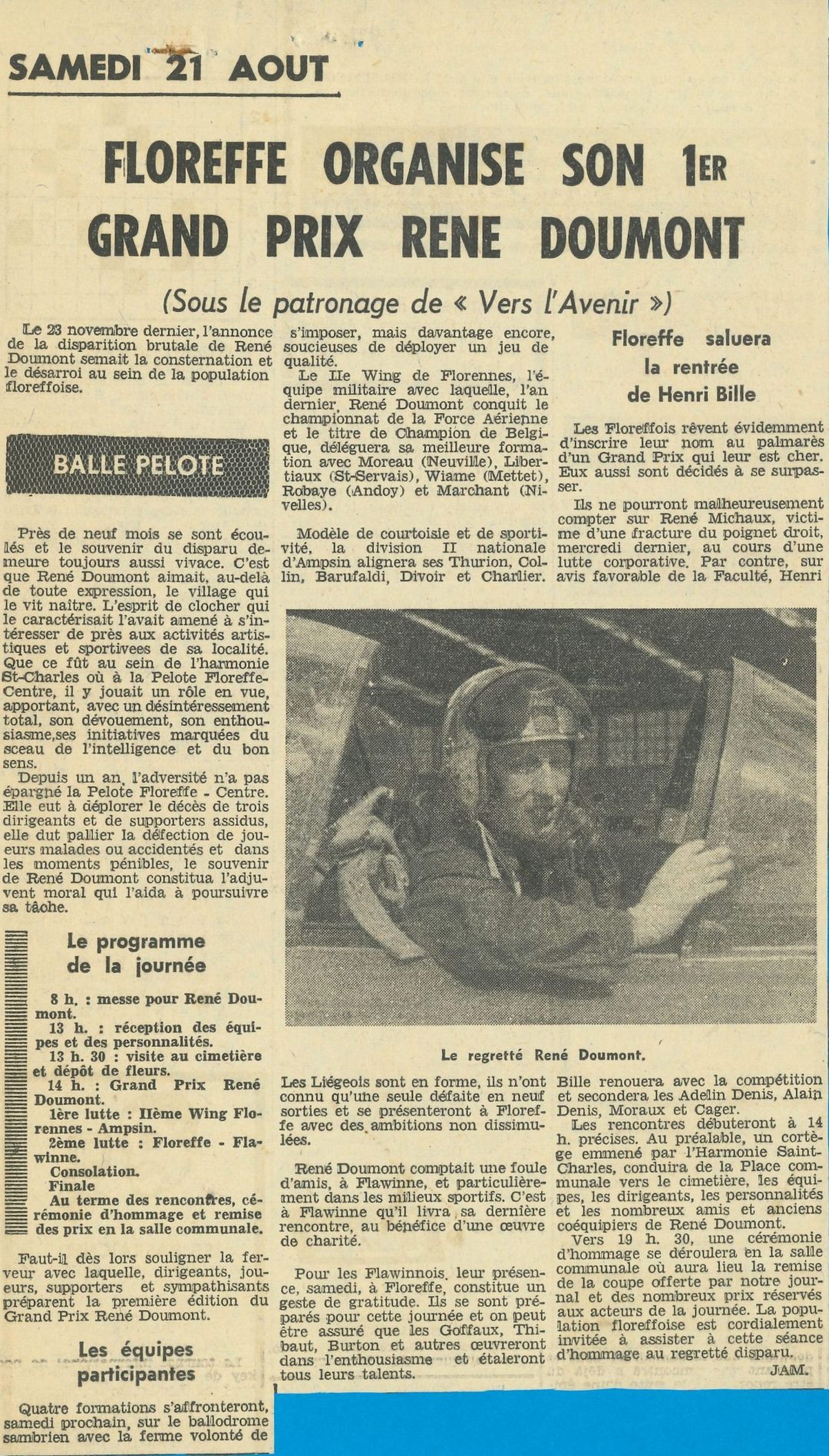 Floreffe – balle pelote – annonce et compte-rendu du 1er GP René Doumont – 1965