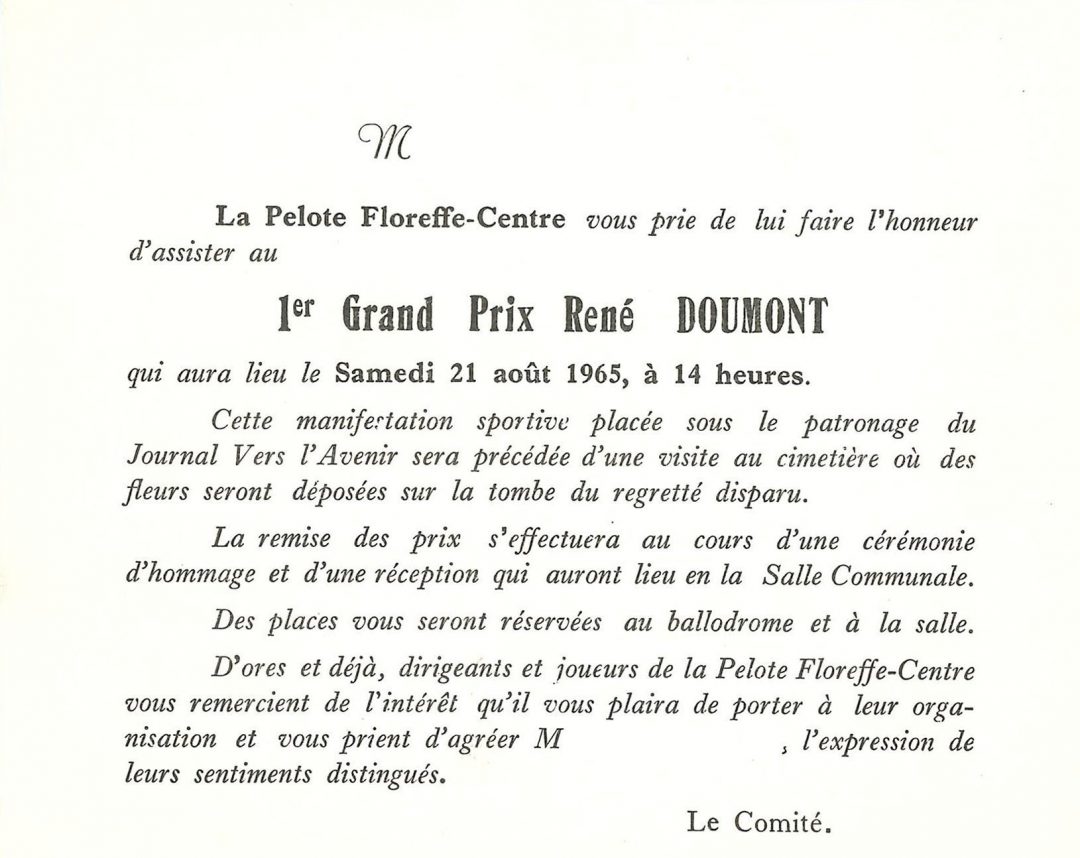 Floreffe – balle pelote – programme du 1er GP René Doumont – 1965