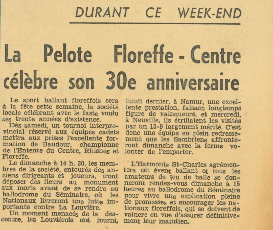 Floreffe – balle pelote – XXXème anniversaire – 1962