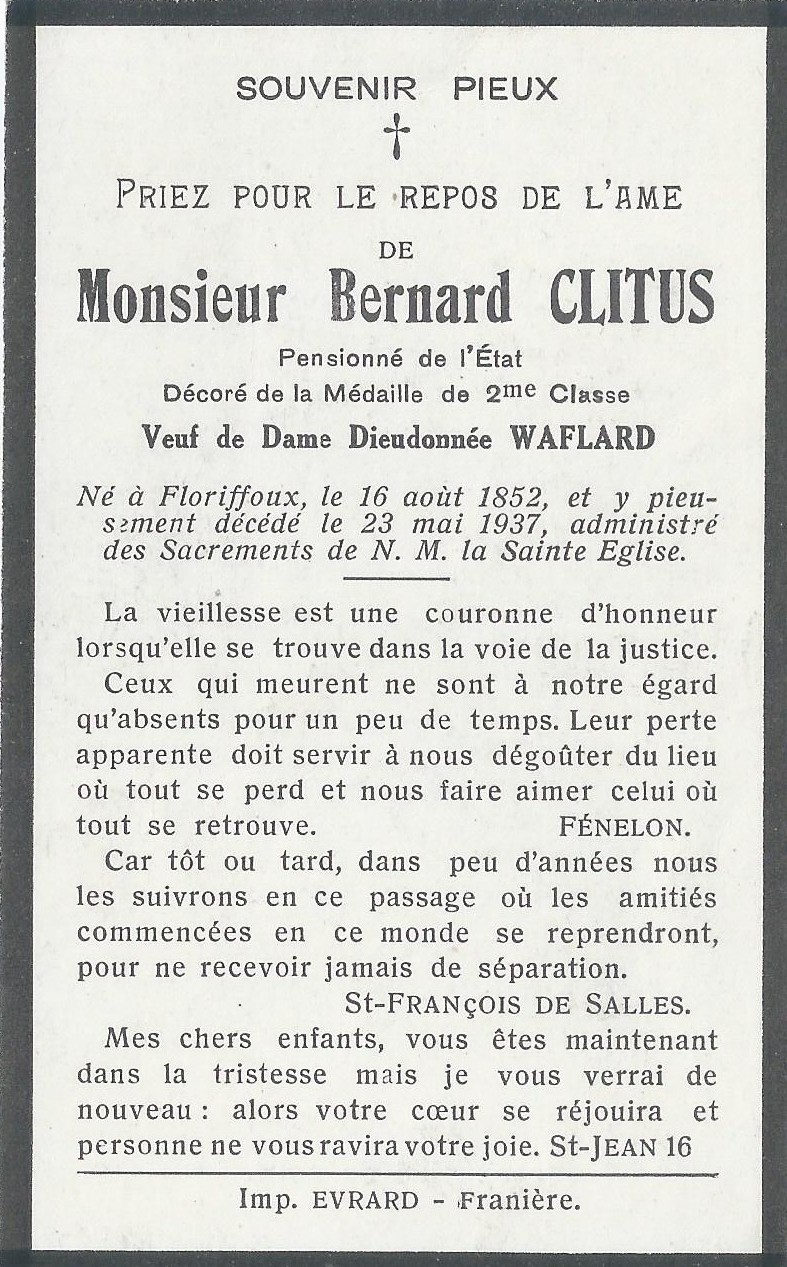 Floriffoux – souvenirs mortuaires – les patronymes CLITUS