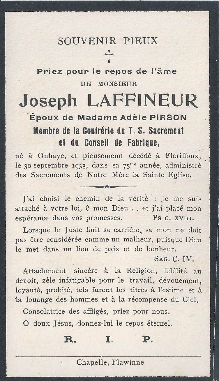 Floriffoux – souvenirs mortuaires – les patronymes LAFFINEUR