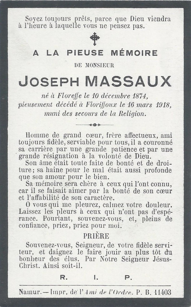 Floriffoux – souvenirs mortuaires – les patronymes MASSAUX
