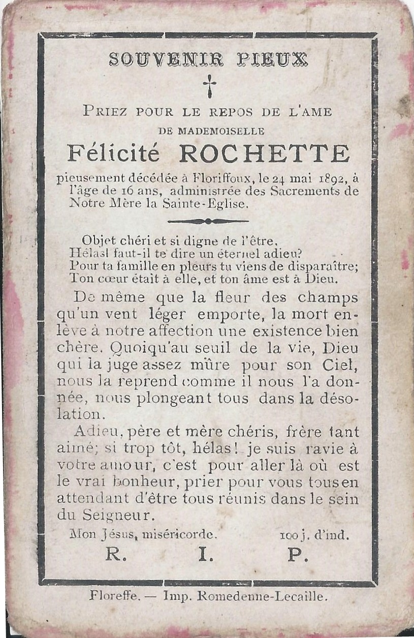 Floriffoux – souvenirs mortuaires – les patronymes ROCHETTE
