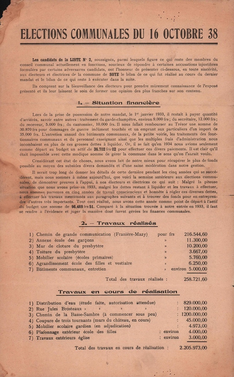 Soye – élections communales de 1938 – tract