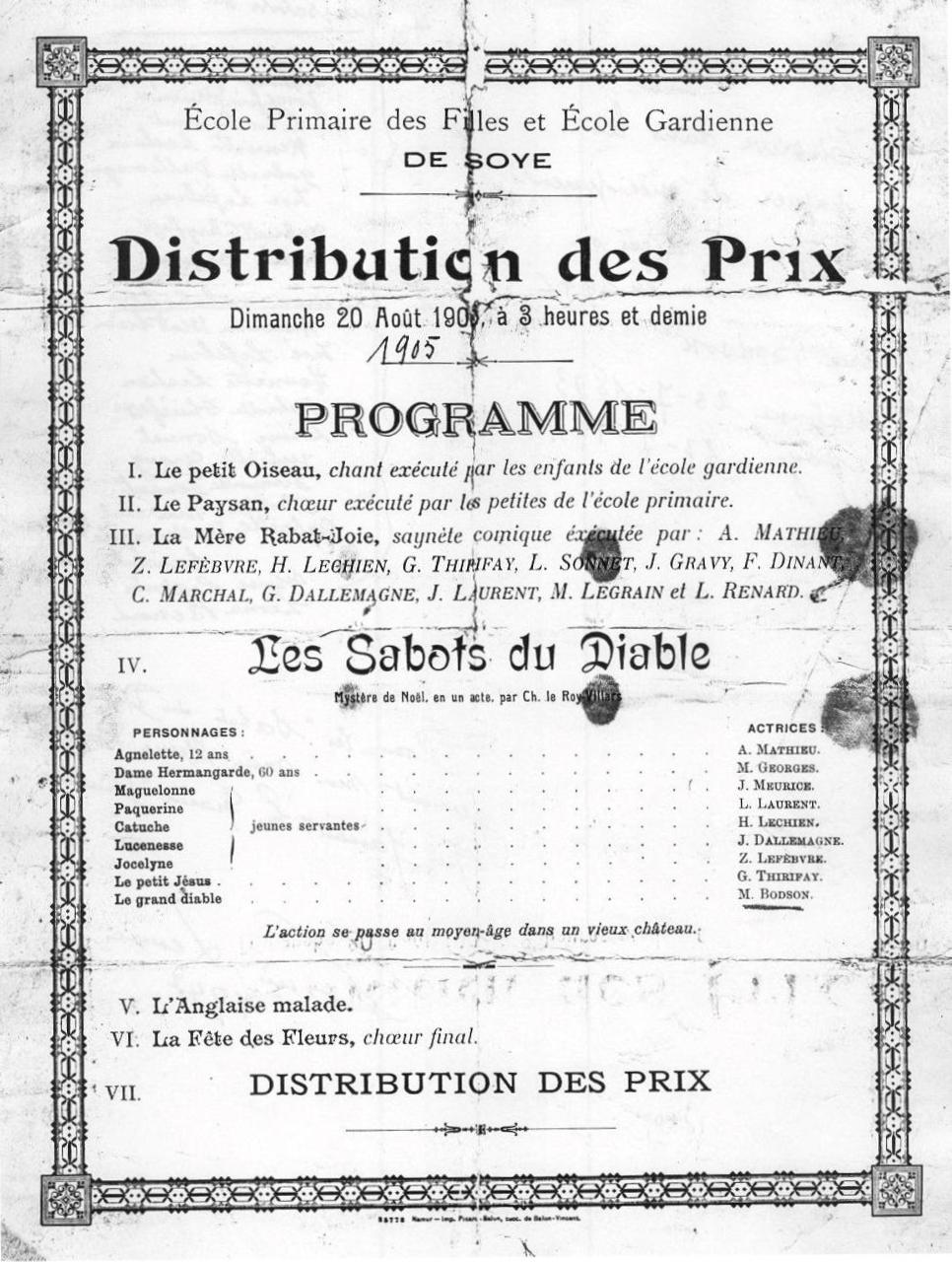 Soye – école primaire des filles – école gardienne – distribution des prix – 1905